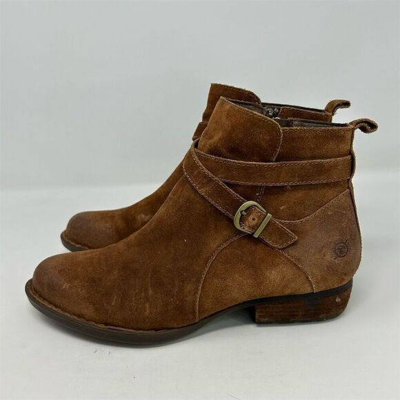 Born Women's Faywood Brown Ankle Bootie Size 9M Distressed Suede Buckle Detail - Picture 10 of 15
